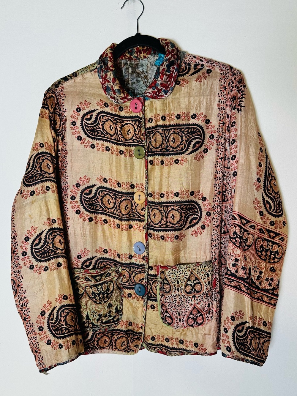 Vintage Parsley & Sage Silk Reversible Paisley Ribbon Art to Wear Jacket L
